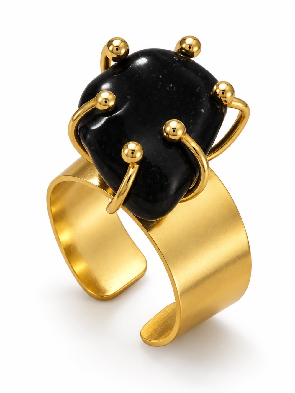 Handcrafted Black Stone Gold Tone Adjustable Cocktail Statement Ring